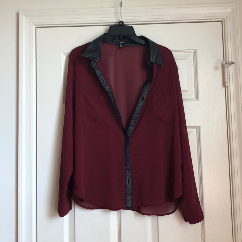 Burgundy blouse with black false leather collar
